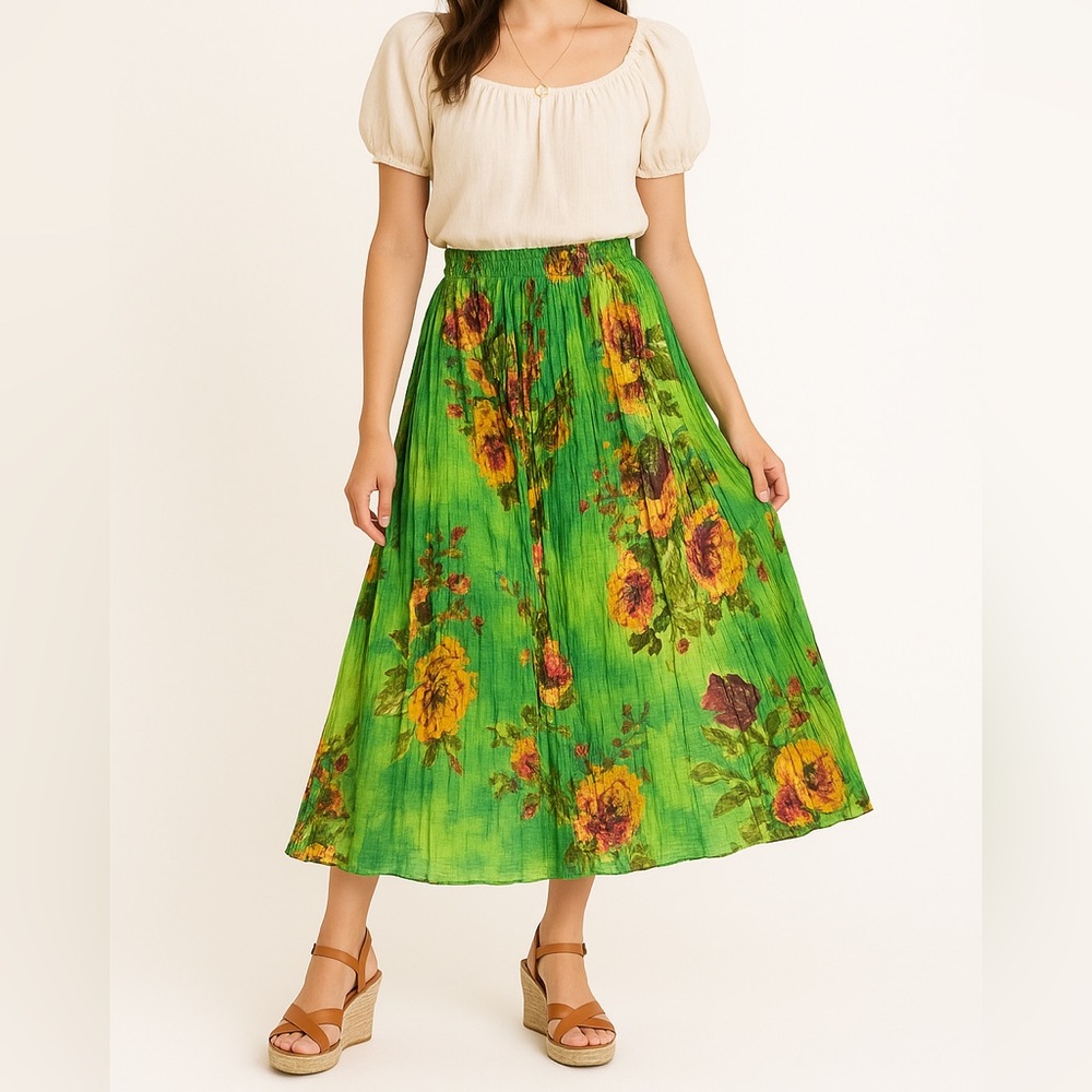 Silver Stream Green Floral Crinkle Cotton Boho Skirt (One Size)